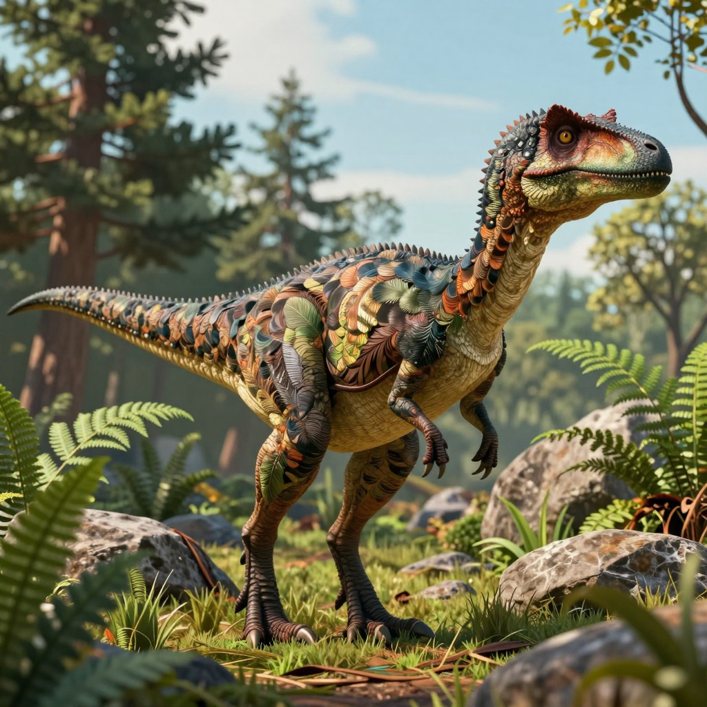 Feathered dinosaur in prehistoric landscape